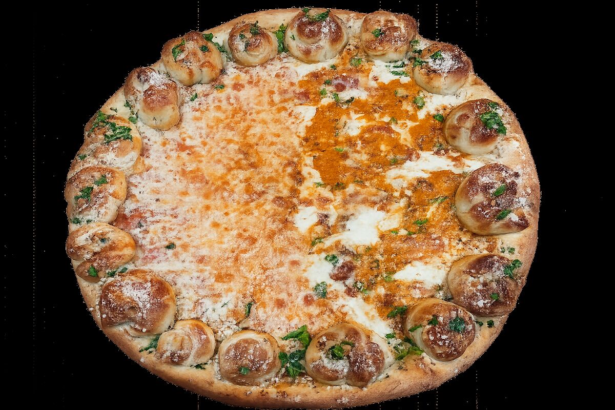 Round pizza with a stuffed, knotted crust